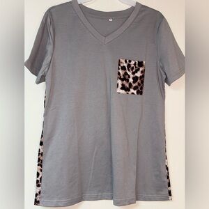 Gray V-Neck T-Shirt with Leopard Print Pocket and Back